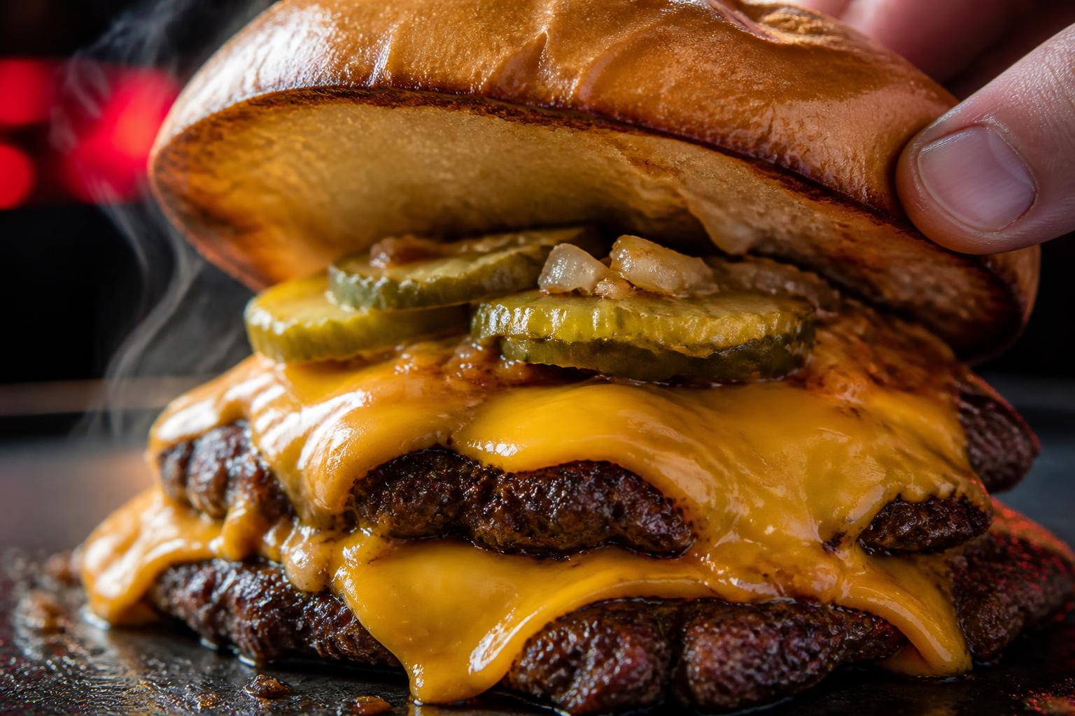 Close-up of a melty smashed double cheeseburger