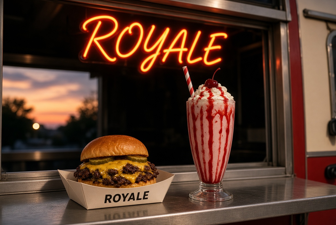A Royale burger and strawberry shake under the neon sign