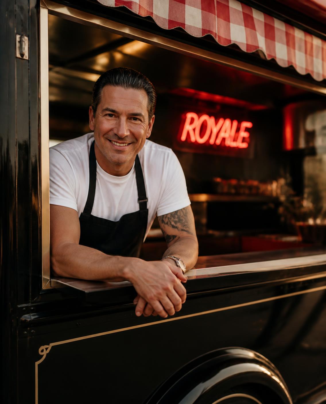 The owner of Royale smiling at the truck's serving window