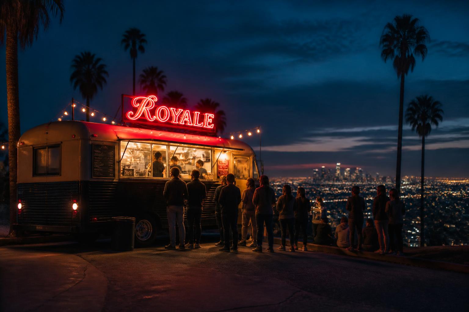 The Royale truck at night, neon sign glowing, customers in line
